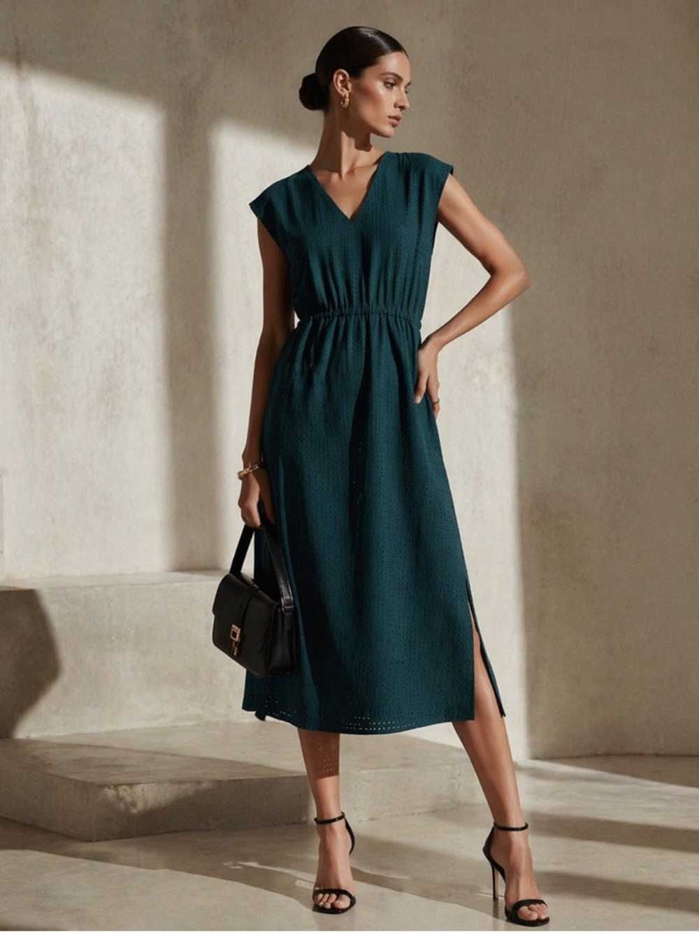 J. Crew Eyelet Midi Dress 14 Sleeveless V-Neck Modern Classic hunter green